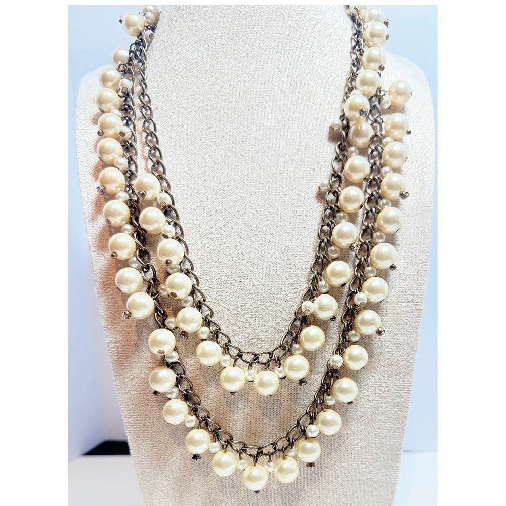 Long Gold Tone Faux Pearl Rhinestone Station Necklace 40" + 3" Extender